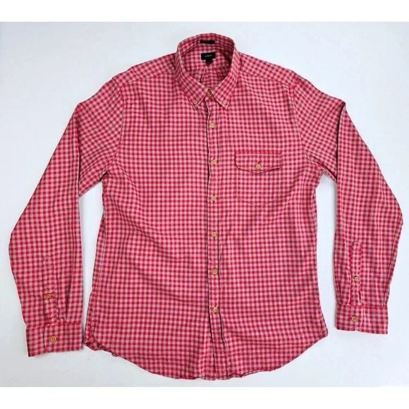 J. Crew Slim Size Large Men Red Gray Check Button Down Long Sleeve Light Flannel - Picture 1 of 10